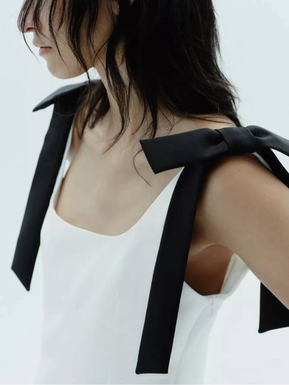Zara White One-Shoulder Dress with Black Bow Straps